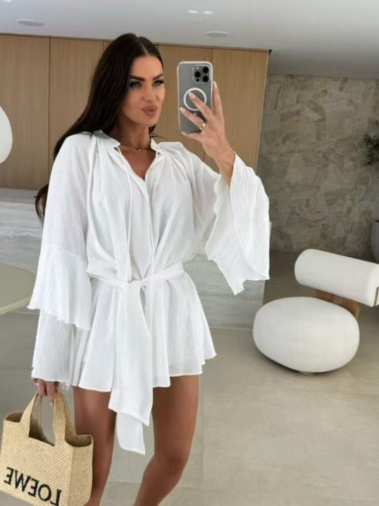 Women's V-neck Irregular Skirt with Ruffle Sleeves