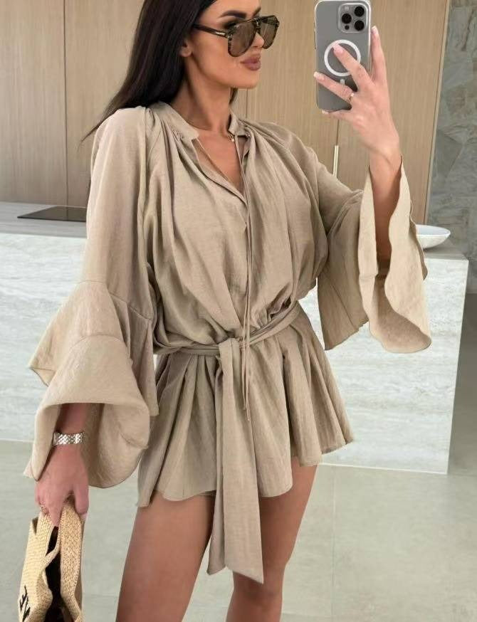 Women's V-neck Irregular Skirt with Ruffle Sleeves