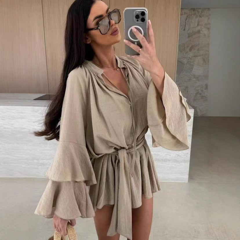 Women's V-neck Irregular Skirt with Ruffle Sleeves