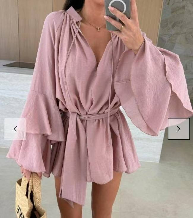 Women's V-neck Irregular Skirt with Ruffle Sleeves