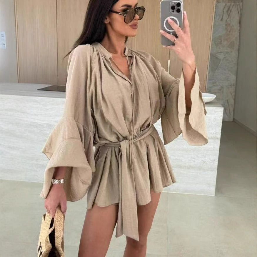 Women's V-neck Irregular Skirt with Ruffle Sleeves