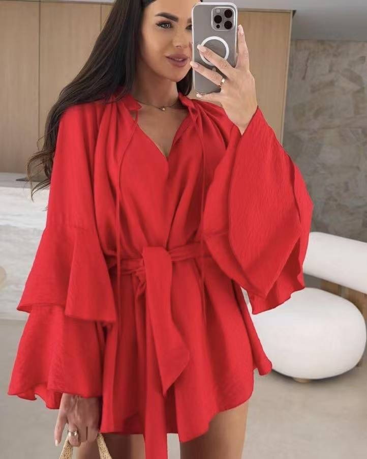 Women's V-neck Irregular Skirt with Ruffle Sleeves