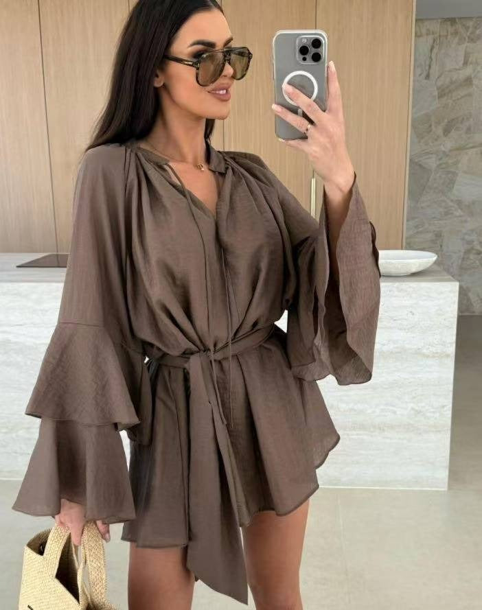 Women's V-neck Irregular Skirt with Ruffle Sleeves